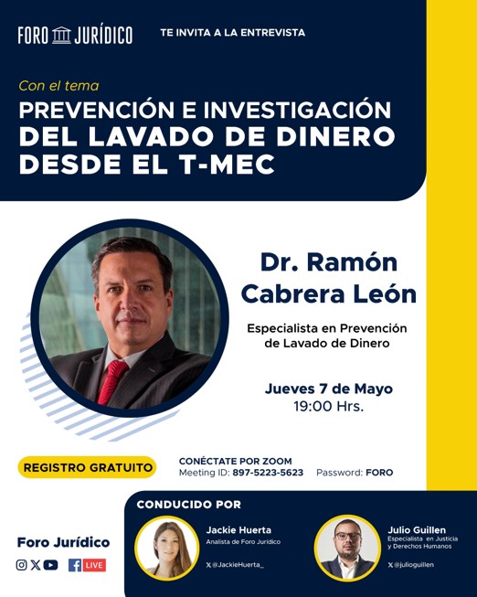 🔎Prevención de Lavado de Dinero en el T-MEC

<a href="/ramon_cabrera/">Ramon Cabrera</a> , especialista en PLD, platicará con <a href="/JackieHuerta_/">JackieHuerta</a> y <a href="/julioguillen/">Julio Guillen</a> sobre este componente crítico en la revisión del tratado.  

📅Jueves 7 de mayo ⏰7PM
🔗Registro gratuito: us02web.zoom.us/webinar/regist…
También por FB Live