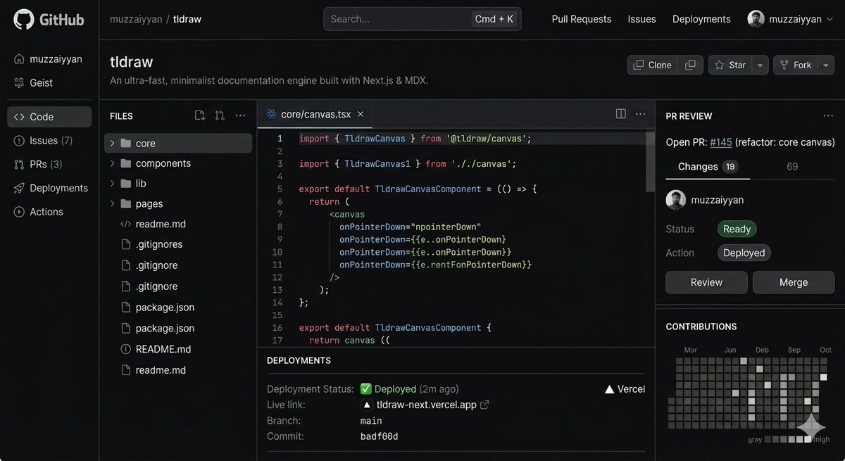 devmuzzaiyyan's tweet photo. @github if @vercel made it https://t.co/iNgDb1bGvo