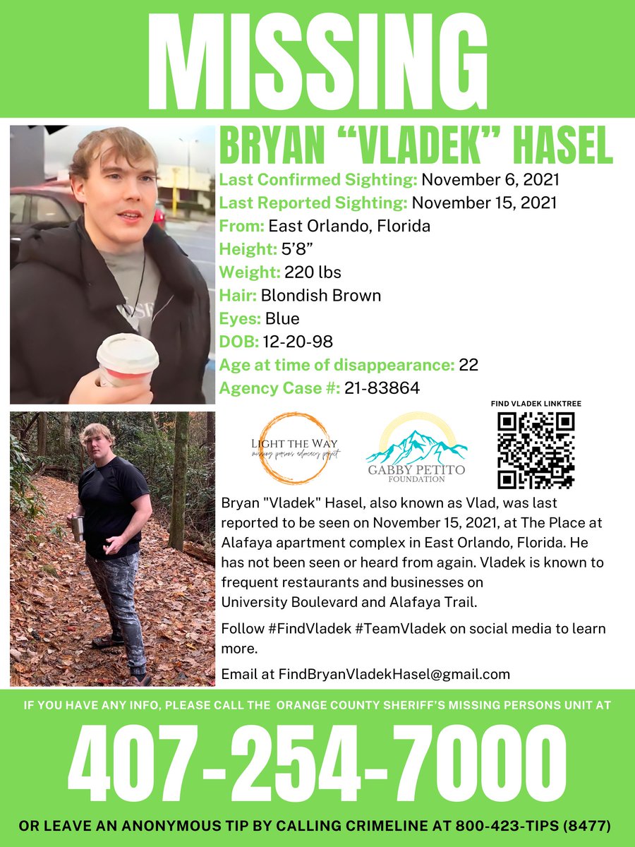 LightTheWay22's tweet photo. It is #MissingPosterMonday and we need your help sharing #BryanVladekHasel’s flyer to help increase awareness! #VladekHasel #Florida #MondayMotivation #Missing #FindVladek #TeamVladek https://t.co/3pPCS38XQn