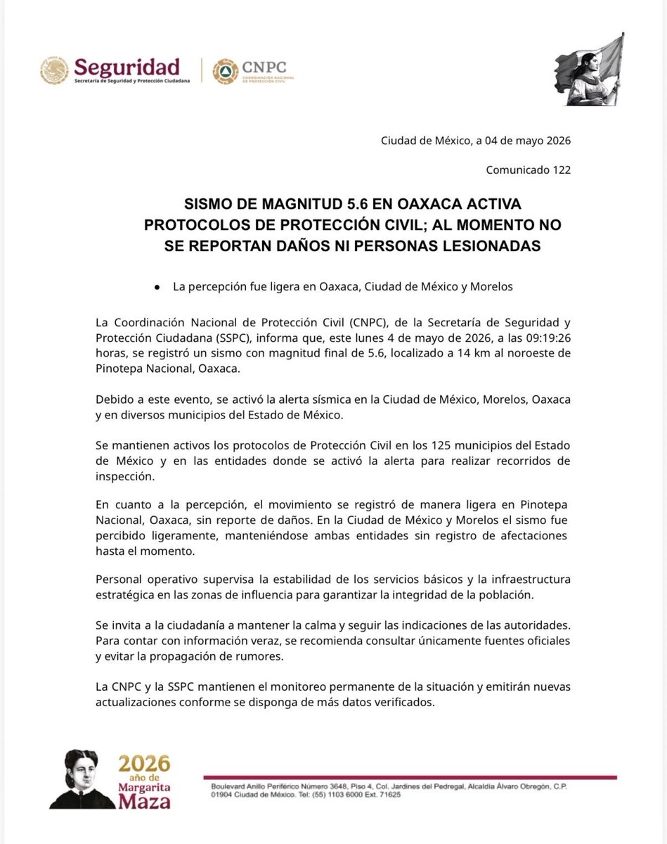 #ComunicadoCNPC📄

Sismo de magnitud 5.6 en Oaxaca activa protocolos de protección civil; al momento no se reportan daños ni personas lesionadas

🔹La percepción fue ligera en Oaxaca, Ciudad de México y Morelos