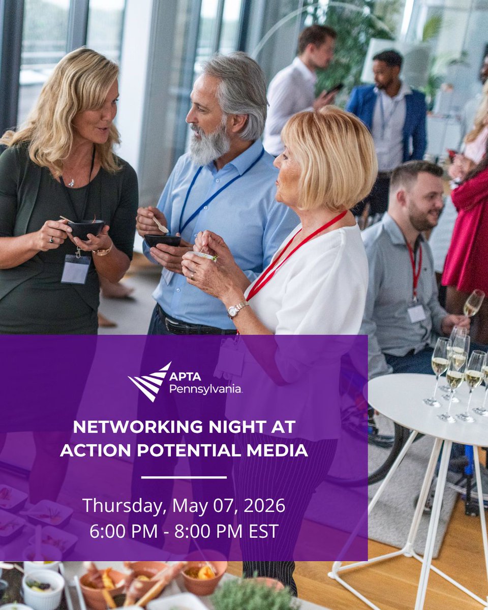 APTA_PA's tweet photo. Ready to build your network and level up your career?
Join the Southeast District and Student SIG on May 7 for a Networking Night at Action Potential Media in Media, PA.
🕕 6:00–8:00 PM
💲 Free for members | $10 for non-members
Learn more: https://t.co/ALDFlopv4H https://t.co/EAI1vfJYaq