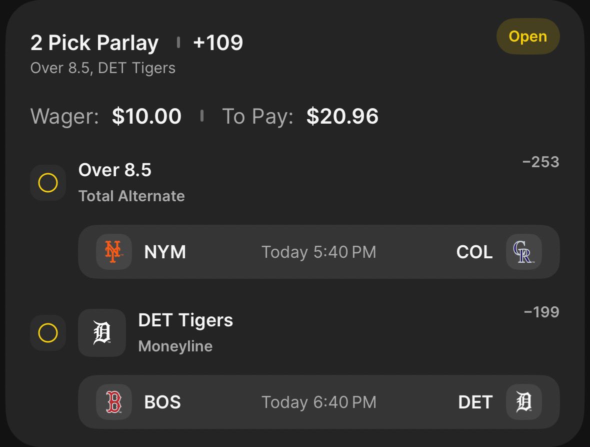 EricGamblezz's tweet photo. 🪜LADDER CHALLENGE🪜
$10➡️$10,000 IN 10 PLAYS💰

- PLAY 1 -
⚾️ NYM/COL OVER 8.5
⚾️ DET TIGERS ML
(+109) $10➡️$20.96

Let’s Get It Goin‼️
Get The Bets In, It’s Climb Time🤑
#GamblingX #LadderChallenge https://t.co/y8i9Ckzm5j