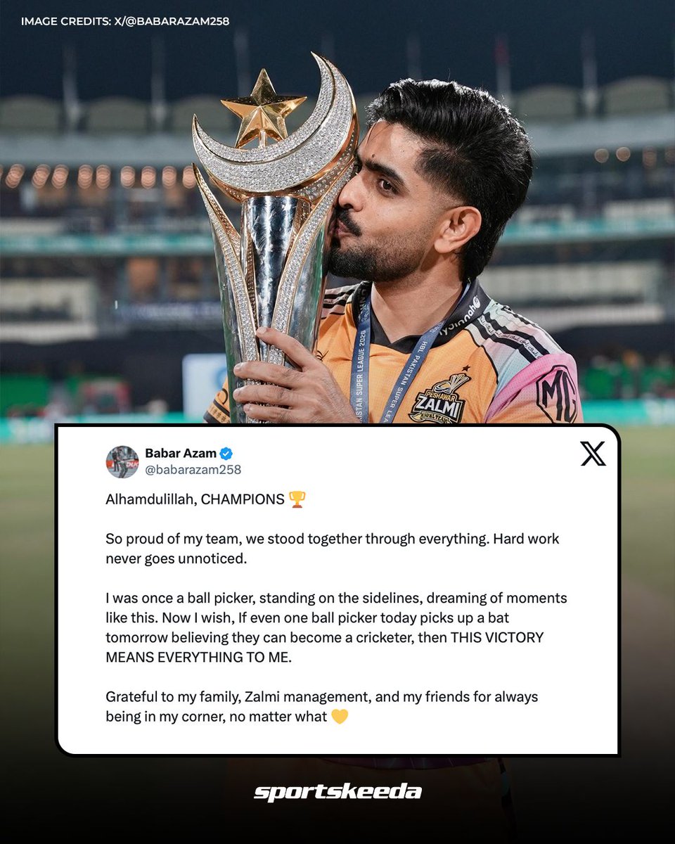 Sportskeeda's tweet image. Babar Azam thanked everyone after winning PSL 2026 as captain of Peshawar Zalmi. 👏

#Cricket #PSL #BabarAzam