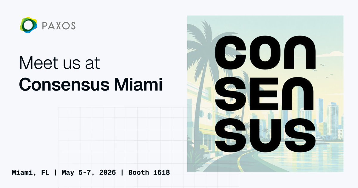 Paxos's tweet photo. We'll be at Consensus Miami this week. 

Come find us and let's talk about the future of digital assets. https://t.co/Vz5RG5qdPP