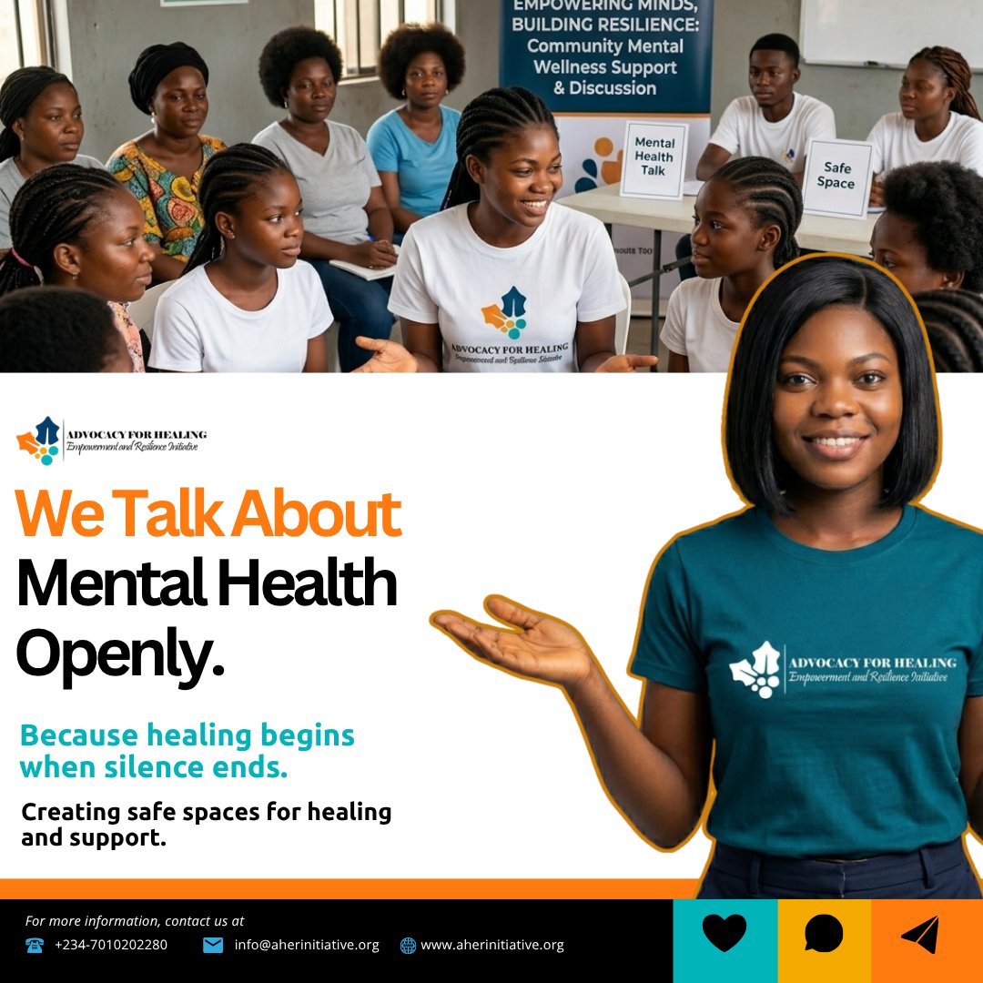 Aherinitiative's tweet image. We talk about mental health openly.
Because silence doesn’t mean healing.
#mentalhealthmatters #mentalhealthawareness #breakthestigma #youarenotalone #selfcare