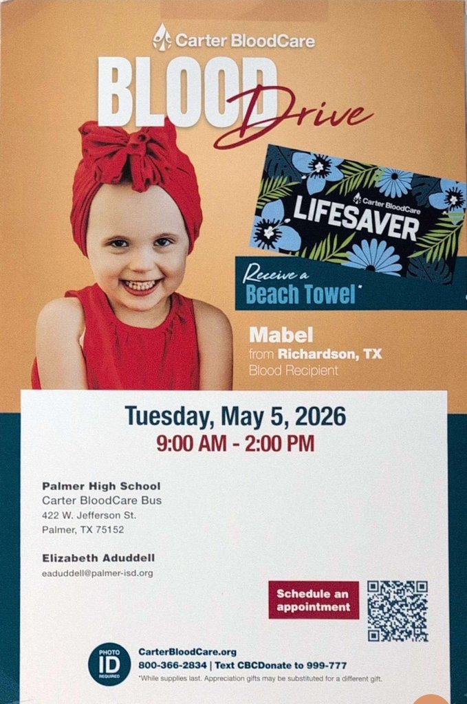 palmer_hs's tweet photo. Please consider signing up to donate blood tomorrow. We still have quite a few spots to fill and could use your help! Reach out to Mrs. Aduddell if you have any questions or concerns. https://t.co/Y1ooGH3qr2