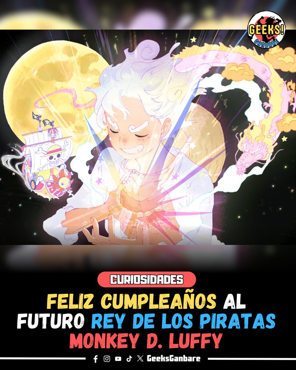 GeeksGanbare's tweet photo. Siendo ya 05 de Mayo en Japón, felicitamos por su cumpleaños a nuestro capitán Monkey D. Luffy, el futuro Rey de los piratas. 🥳

La imagen es parte de una ilustración especial para conmemorar su día, la cual se las dejo abajo. 👇 

#OnePiece https://t.co/XlLzzkUhK7