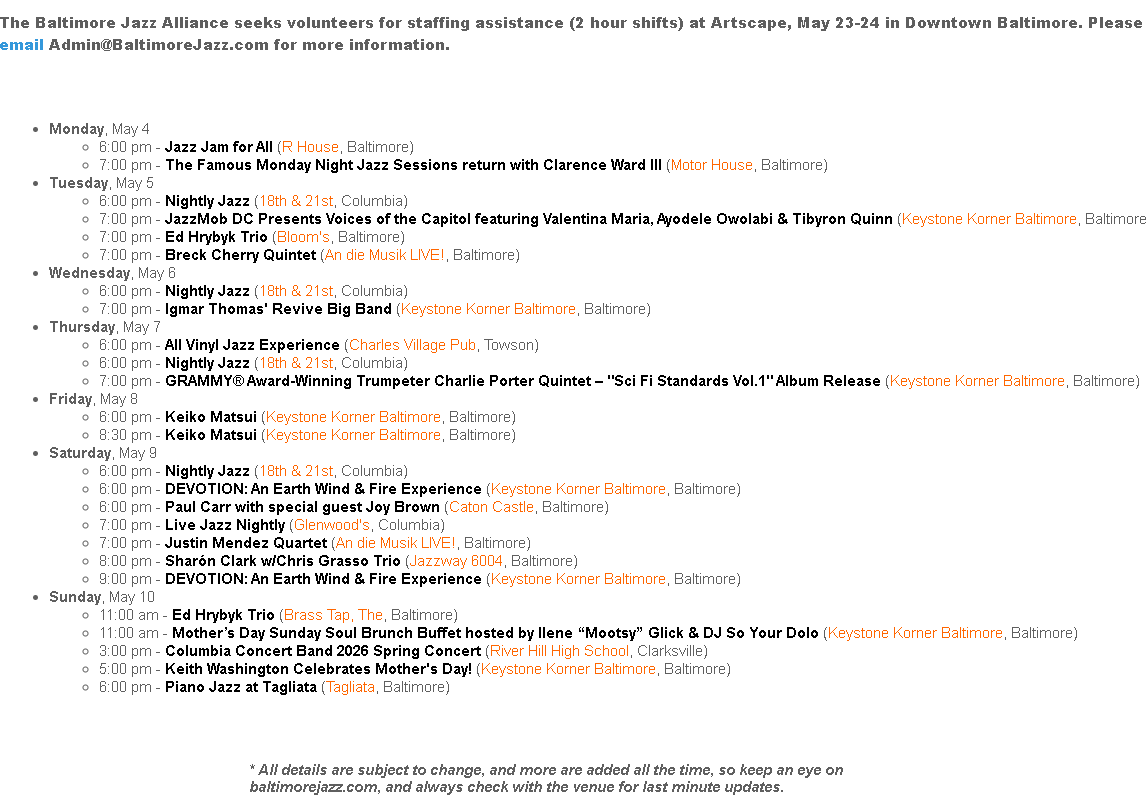 BaltimoreJazz1's tweet photo. Where's the Jazz? Here's what's happening in the Baltimore jazz scene this week - if we're missing something, let us know! Find complete details (or better still, add your own events!) at https://t.co/iQ9ikOvwOC #baltimorejazz #wheresthejazz
Member-supported, volunteer-run, BJA https://t.co/wlVhoE9RUn