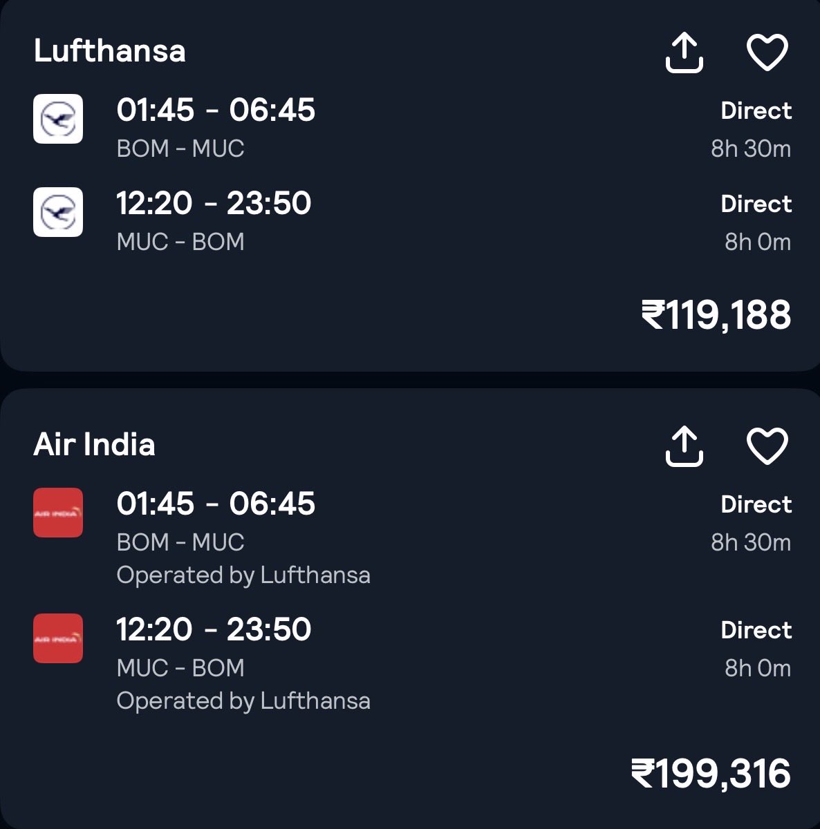 rakesh1908's tweet photo. Same flight if you book through Lufthansa and Air India. What's happening @airindia why you want 80K extra when flight is operated and run by Lufthansa 😡 https://t.co/lIpquRSMRe