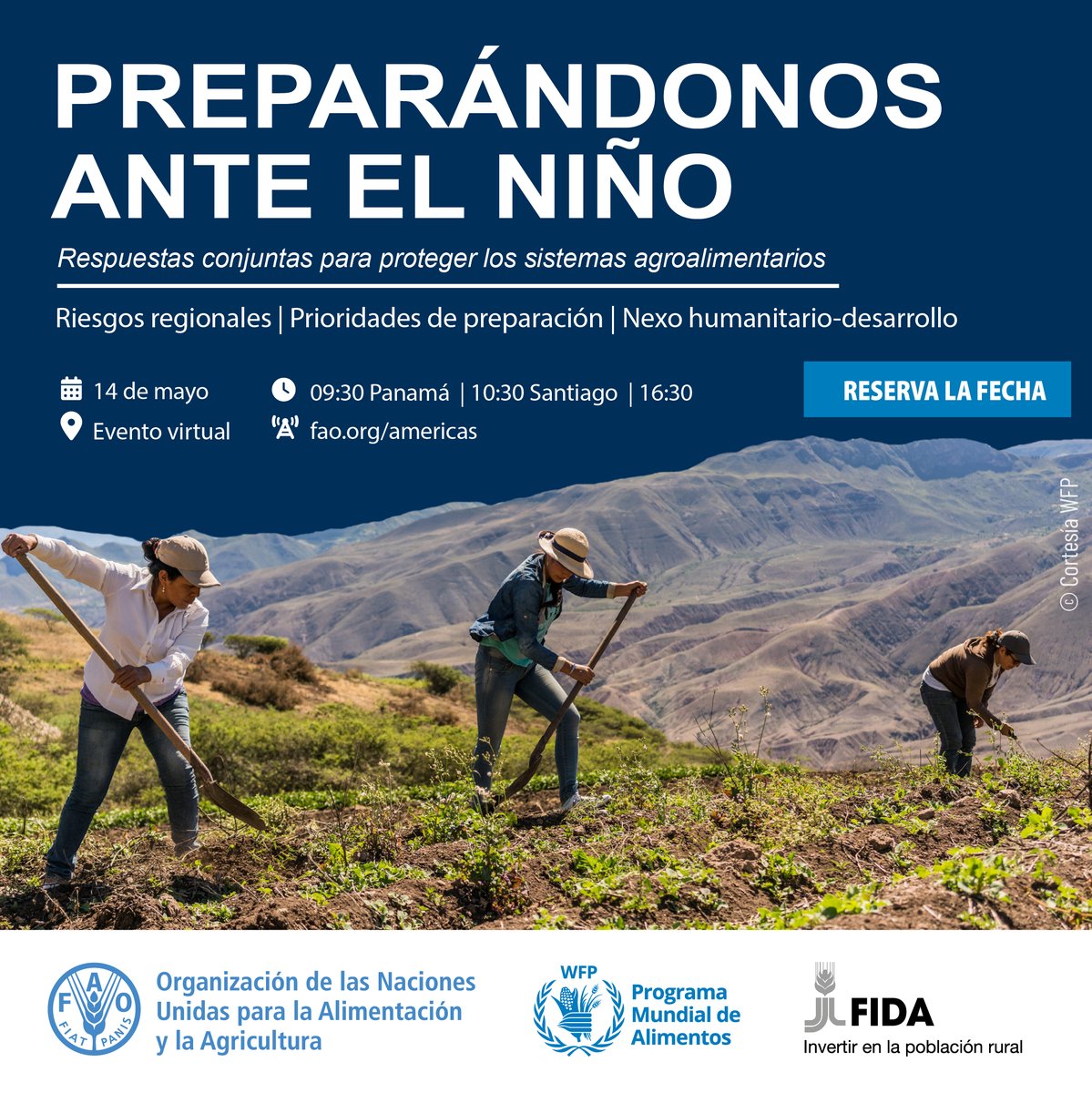 FAOAmericas's tweet photo. 📢#ElNiño puede intensificarse en América Latina y el Caribe y afectar la #SeguridadAlimentaria.

🌎Únete a la mesa redonda @FAOAmericas, @FIDA y @WFP sobre acción anticipatoria y resiliencia.

📅 14 mayo
⏰ 9:30 (UTC-5)

Sigue la transmisión 🔴📲 https://t.co/Ao680rr5LX https://t.co/IFPUtdv1p7