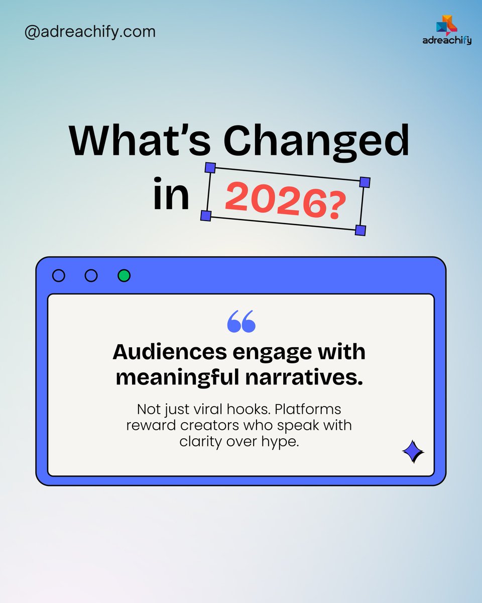adreachify's tweet image. Social media in 2026 is about clarity not hype.

Focus on purpose, trust, and meaningful content that educates and drives real action. Use AI to support your workflow, not replace your voice. Consistency beats virality. 

Save this as a reminder.
.
.
.
#contentstrategy #branding