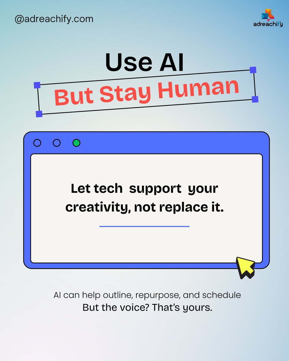 adreachify's tweet image. Social media in 2026 is about clarity not hype.

Focus on purpose, trust, and meaningful content that educates and drives real action. Use AI to support your workflow, not replace your voice. Consistency beats virality. 

Save this as a reminder.
.
.
.
#contentstrategy #branding