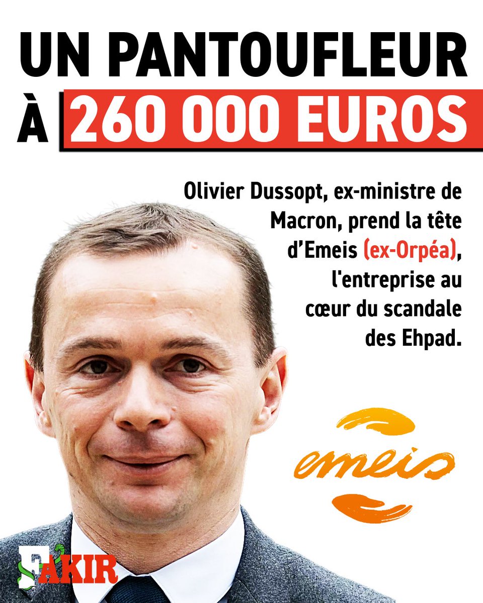 JournalFakir's tweet image. Olivier Dussopt prend la tête d’Emeis (ex-Orpéa), un pantoufleur à 260 000 euros.

L’ironie est formidable : c’est le ministre qui aura essoré les travailleurs en les faisant travailler deux années de plus avant la retraite qui les retrouvera rincés quand ils entreront à l’Ehpad.