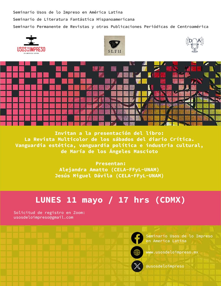 Este mes colaboraremos con <a href="/Sem_fantastico/">SeminarioDeFantástica</a>  y el Seminario Permanente de Revistas y otras publicaciones periódicas de Centroamérica en la presentación del libro de Ángeles Mascioto. 
Solicitud de la liga de conexión: usosdeloimpreso@gmail.com