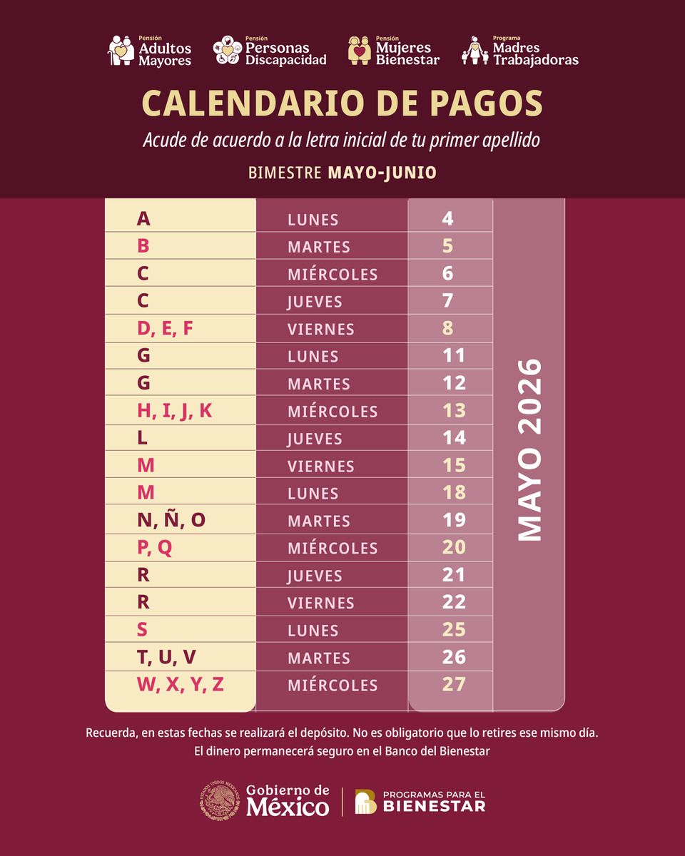📢 Inicia el pago del bimestre mayo-junio de las pensiones para personas adultas mayores, personas con discapacidad, mujeres de 60 a 64 años y madres trabajadoras. 💳

📅 Recibirán su apoyo por medio del Banco del Bienestar según el calendario.

Detalles: tinyurl.com/PagoPensionesM…