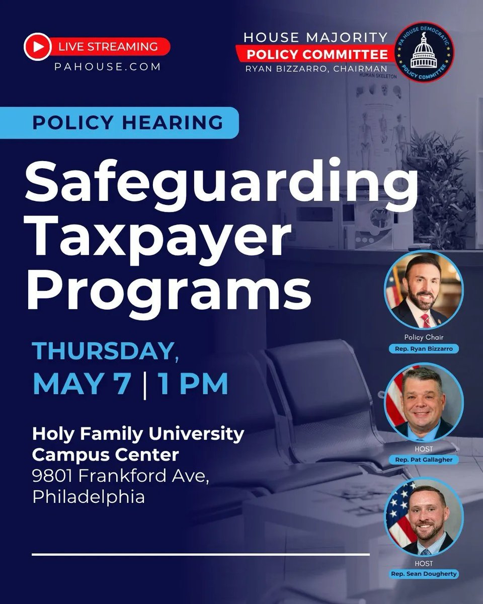 RepPGallagher's tweet photo. PA is a leader in fighting misuse of public benefits, catching criminals and safeguarding vital programs.

Live this Thursday, @Rep_Dougherty and I will host a hearing with @PADemPolicy to discuss current efforts and what else can be done to protect taxpayers. https://t.co/viw4doVodu