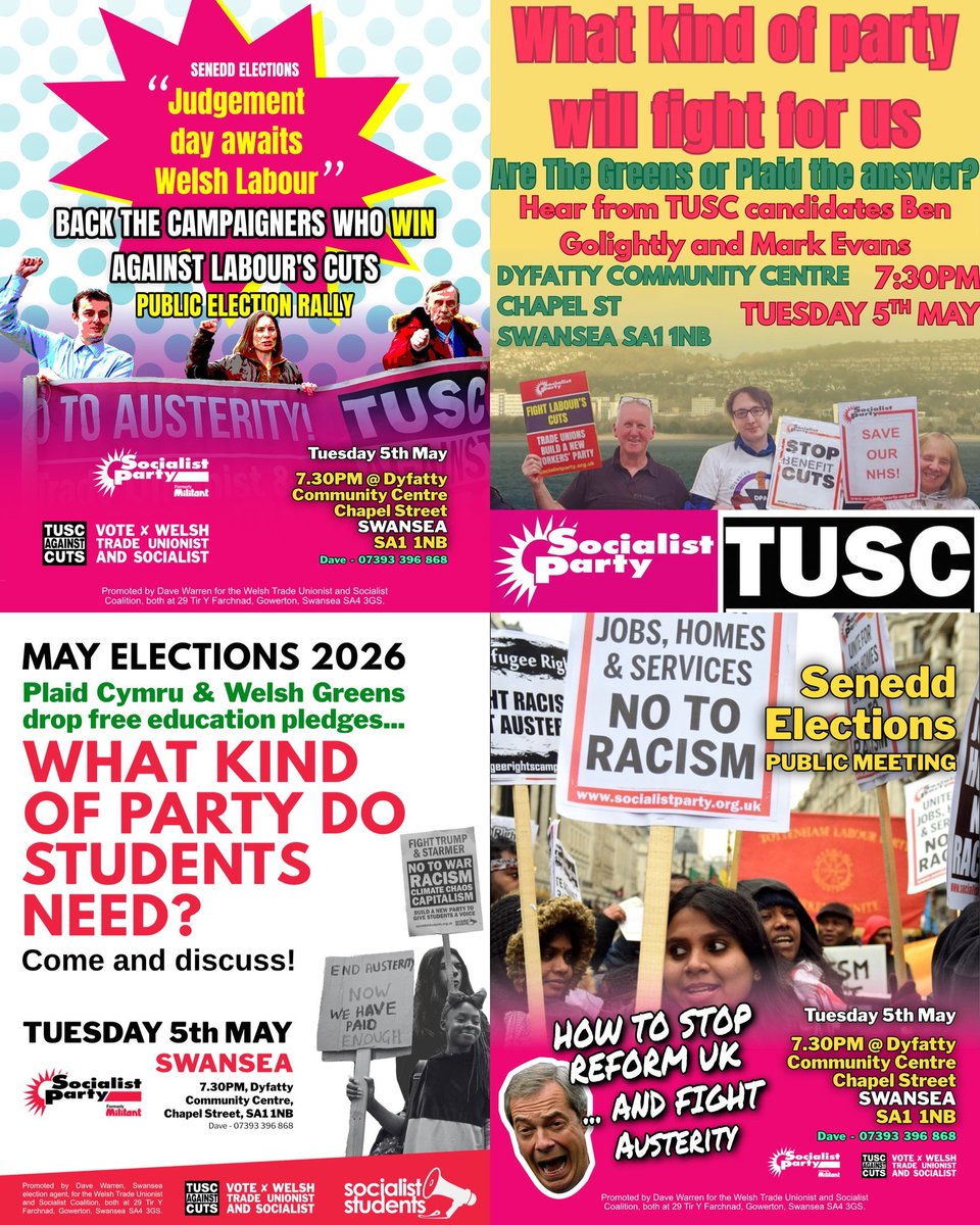TUSCoalition's tweet photo. #SWANSEA - come to our #TUSC public meeting on Tuesday 5th May 7.30 pm
As the main parties drop their free education pledges, what kind of party do students need?
How do we stop Reform UK and fight austerity?
Dyfatty Community Centre, Chapel Street SA1 1NB
#Senedd2026 #CULS Cymru https://t.co/wbOlsxWeHq