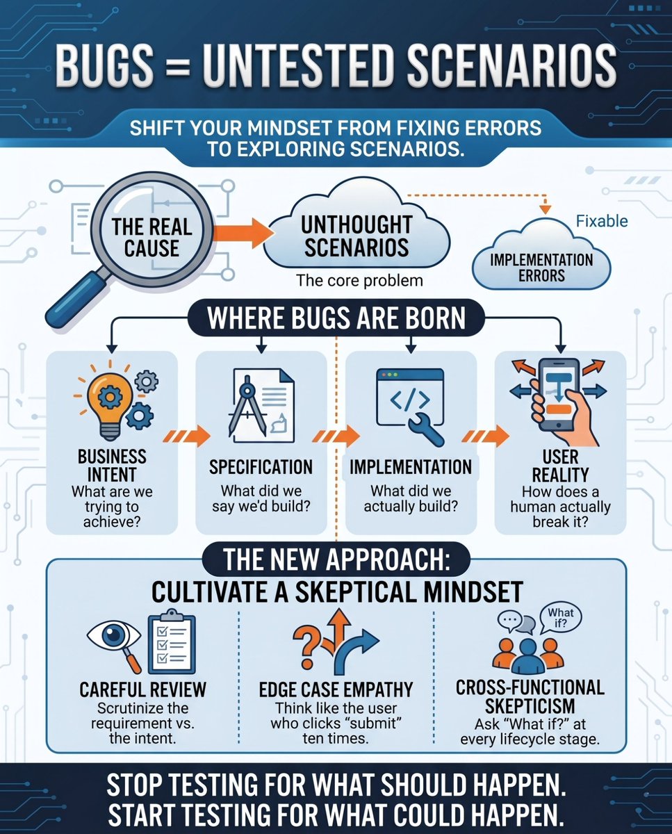 BaseRockAI's tweet photo. Bugs = Untested Scenarios

The uncomfortable truth:

Bugs aren’t usually surprises. They’re scenarios nobody thought to test.

Teams are getting better at covering defined requirements, automating known test cases, and shipping faster than ever.

Yet bugs still slip through.

Where bugs hide:

• Unexpected user behavior
• Edge cases no one imagined
• Gaps between intent and implementation
Users don’t follow specs. They follow shortcuts, confusion, and real-world habits.
The real problem:

It’s not only a failure of execution. It’s often a failure of imagination.

Building resilient products requires:

• A skeptical mindset
• Deep understanding of business intent
• Challenging the specification
• Connecting the full lifecycle

Intent → Spec → Implementation → Real Usage

Great QA isn’t just testing what was built.
It’s uncovering what wasn’t even considered.
Rethink how you test. That’s where quality begins.
#BUCT #AgenticQA #SoftwareTesting #QualityEngineering #ProductQuality