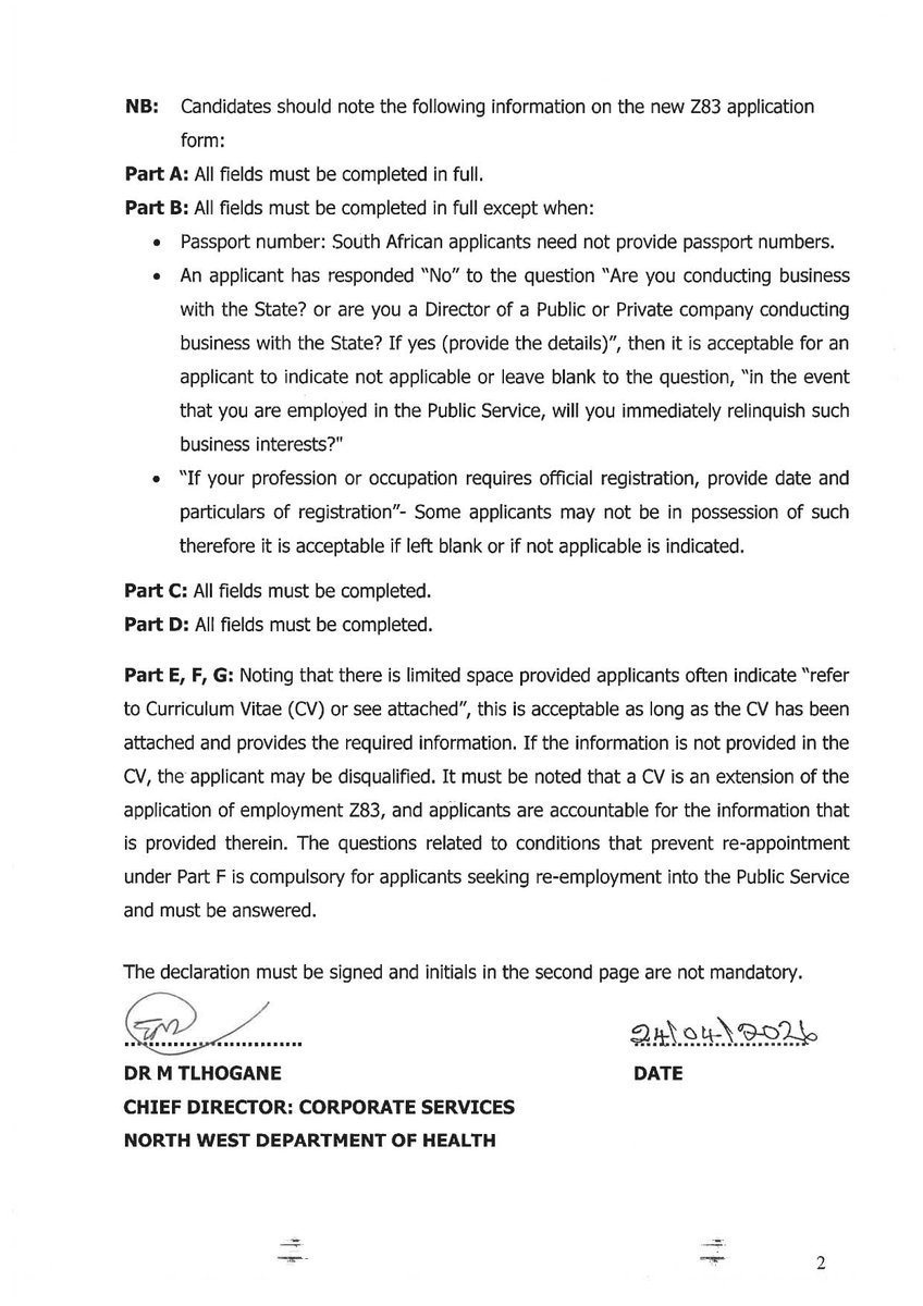 North West Department of Health Vacancies:

1. Social Worker x6 posts 
2. Professional Nurse x63 posts  
3. Legal Administration Officer x2 posts 
4. Chief Occupational Therapist
5. Head of Department: Basic Programmes 
6. Head of Department: Post Graduate Programmes
7. EMS