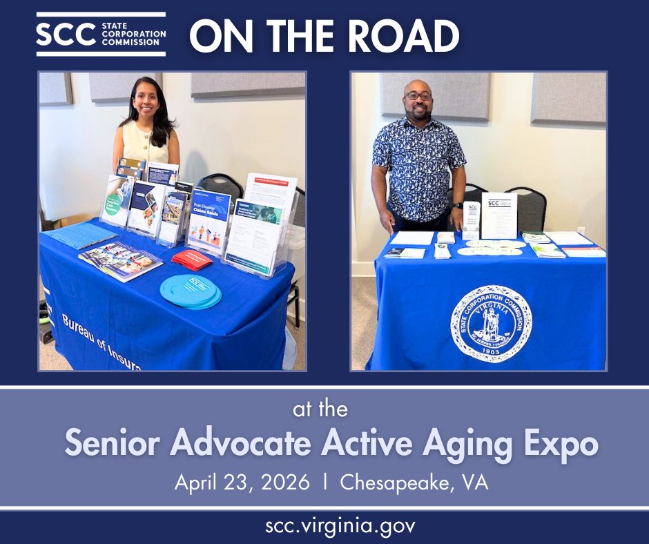 VAStateCorpComm's tweet image. SCC's Marly Santoro &amp;amp; Isaiah Beasley were exhibitors at Senior Advocate Active Aging Expo in Chesapeake, VA. 100 seniors &amp;amp; caregivers attended event, which included info. exhibits &amp;amp; presentations about aging safely at home, estate trusts &amp;amp; more. scc.virginia.gov #outreach