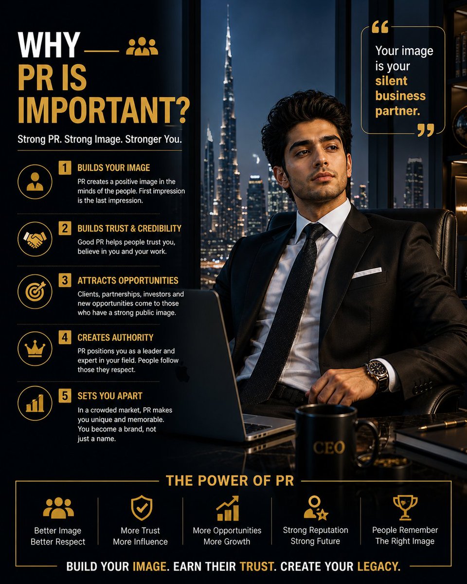 LOKENDE_R's tweet image. What does PR do exactly?
Public Relations (PR) specialists shape and maintain a positive image for their clients through strategic communication, branding and crisis management.
.
.
.
#PersonalBranding #PublicRelations #PRStrategy #BrandBuilding