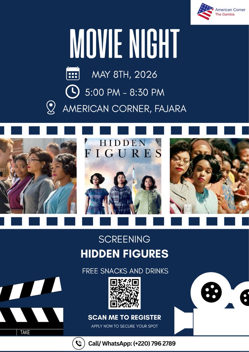 cube4stem's tweet image. Hidden Figures follows three women mathematicians behind early U.S. space missions.

Join us for a movie night &amp;amp; discussion.

May 8, 2026 | 5:00–8:30 PM
American Corner, Fajara

Register: forms.gle/qe1n5dHaUrJRu8…

#AmericanSpaces #MovieNight
