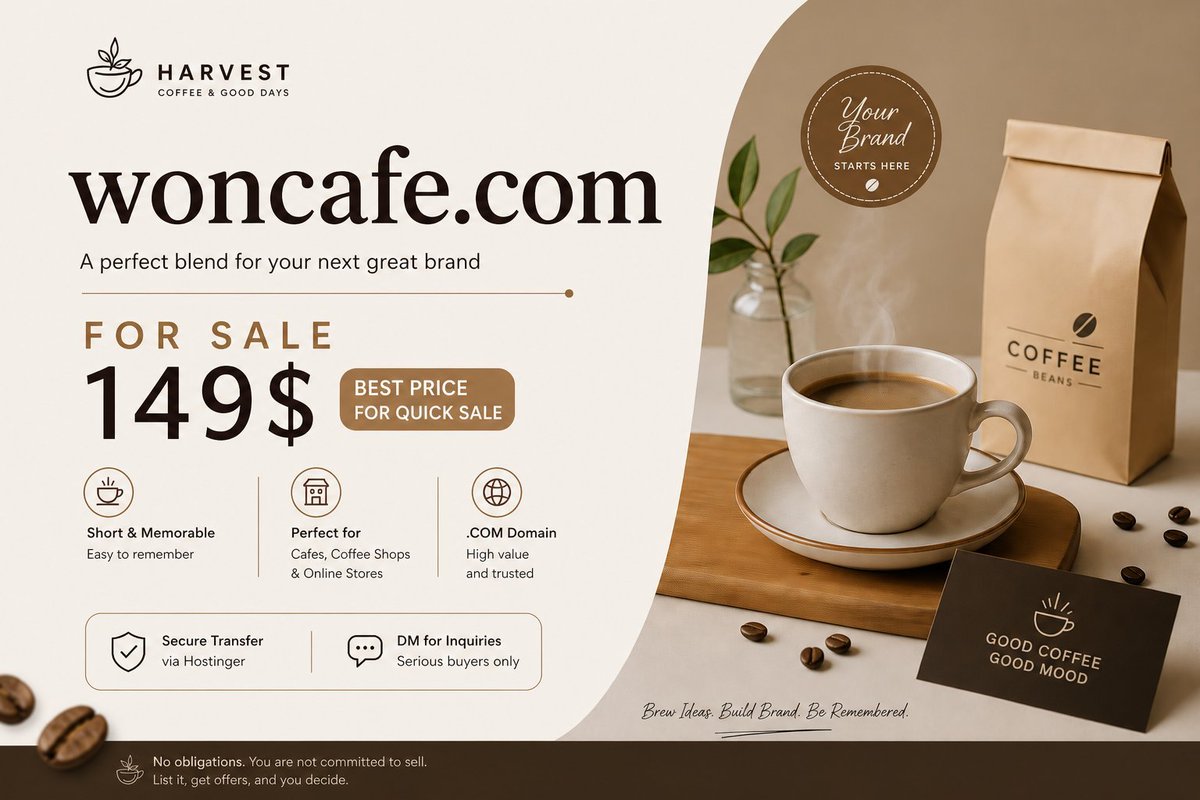 cheerfulbazaar2's tweet image. #Domain For #Sale woncafe.com  Perfect for: #Coffee #Shop ☕#Cafe #Brand Online Coffee #Store Short &amp;amp; Brandable Easy to remember .COM Extension   ------------------- Price: 149$  ------------------- Registrar: Hostinger  Transfer: Push / Transfer DM if interested.
