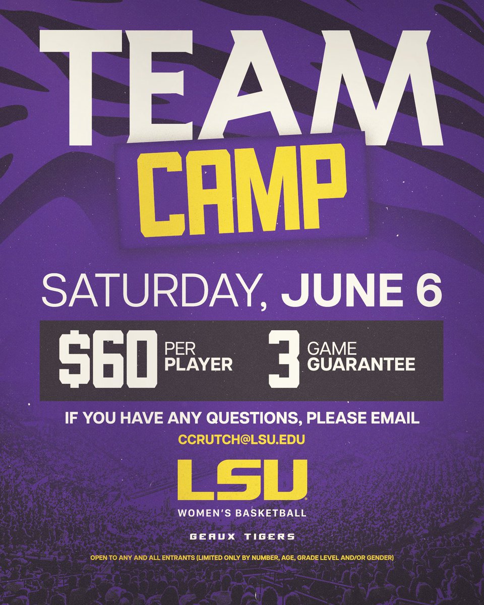 LSUwbkb's tweet photo. There are only a few spots left to claim for our team camp in June ⏰

Direct communication for registered teams will resume on May 11 after the NCAA recruiting shutdown.

Register: https://t.co/DBtPKwmU3x https://t.co/uNsfWuYNpB