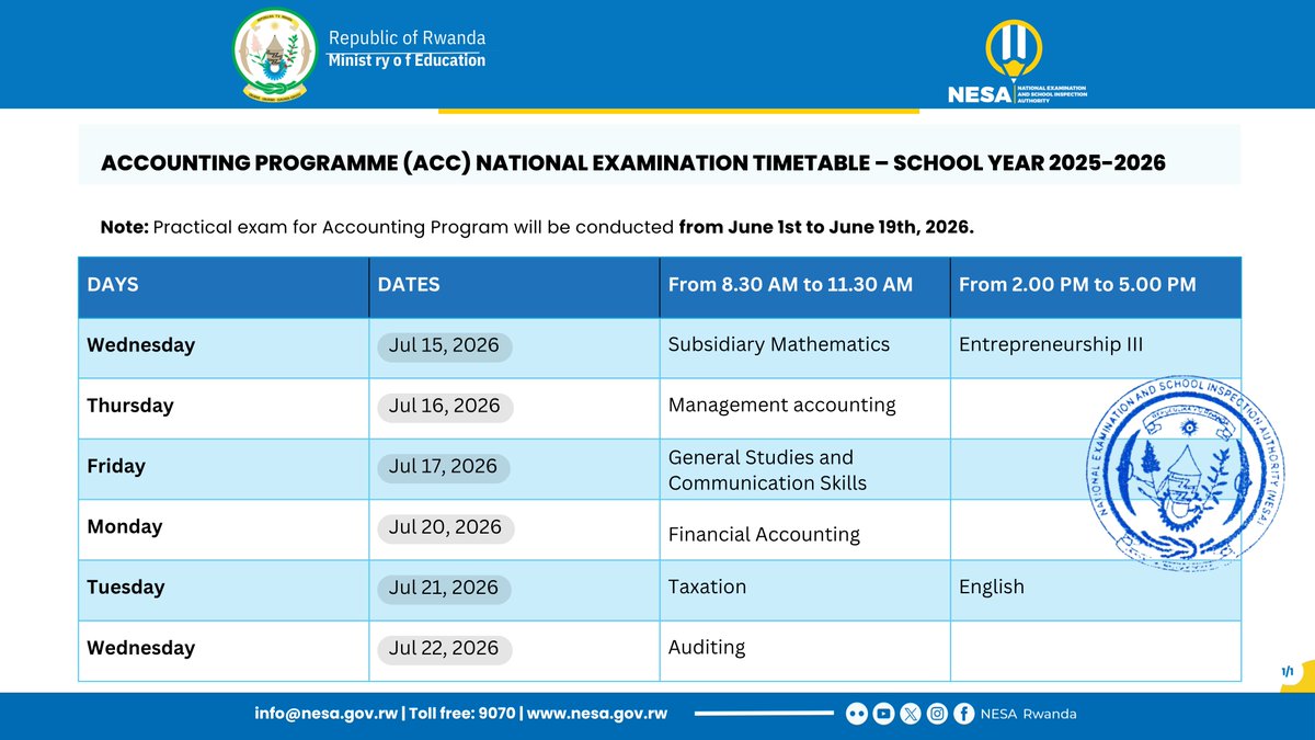 The National Examinations Timetable for the 2025–2026 school year is officially OUT!

Time to plan effectively and prepare thoroughly for the exams.
Please review the following timetables: (1)

-Primary Leaving Examination (PLE)
-Ordinary Level National Examination (O-Level)