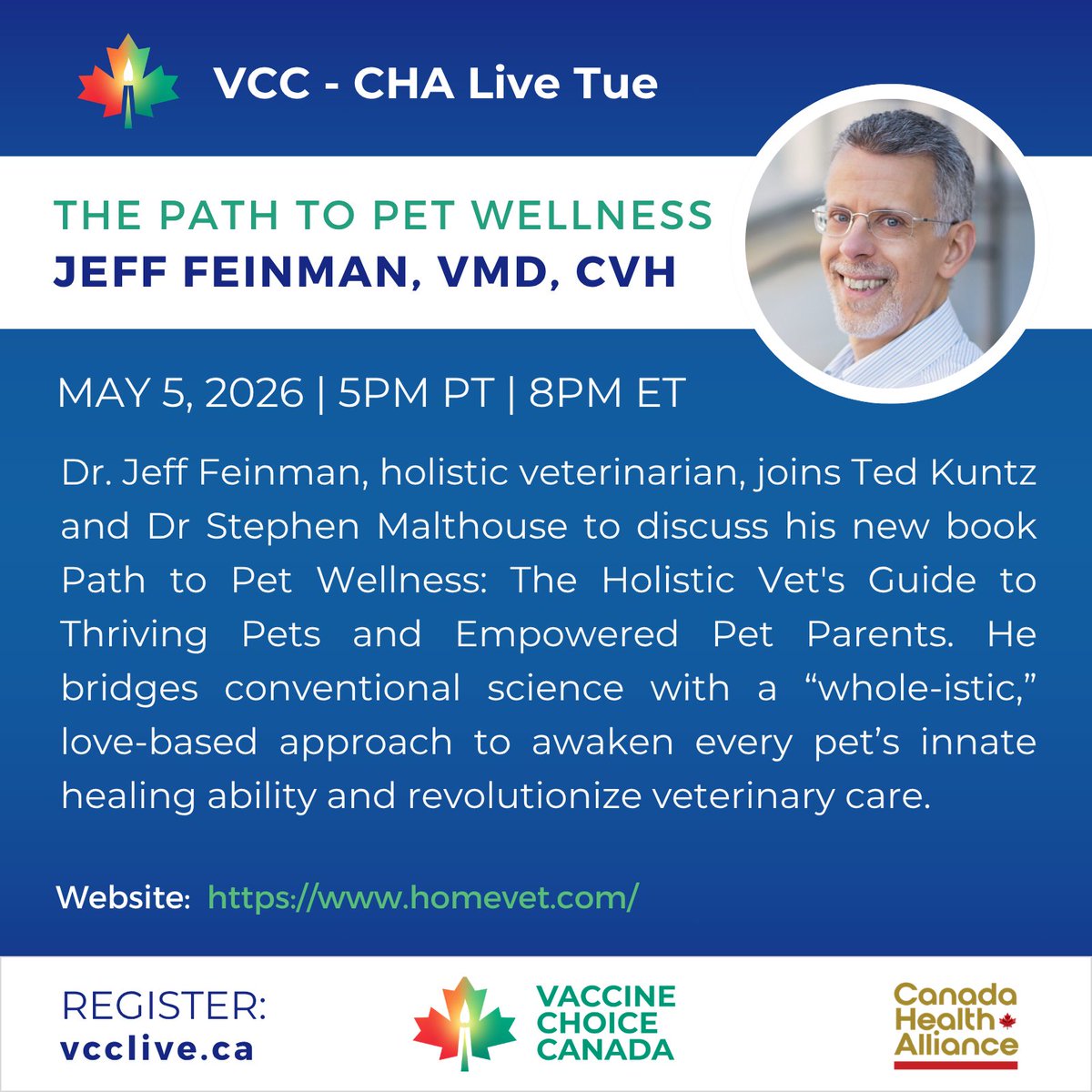 VaccineChoiceCA's tweet image. Join us May 5th (TOMORROW EVENING) for a live interview with Jeff Feinman!

Registration today:
vaccinechoicecanada.com/event/vcc-cha-…

#liveinterview #pethealth #HolisticHealth #veternarian