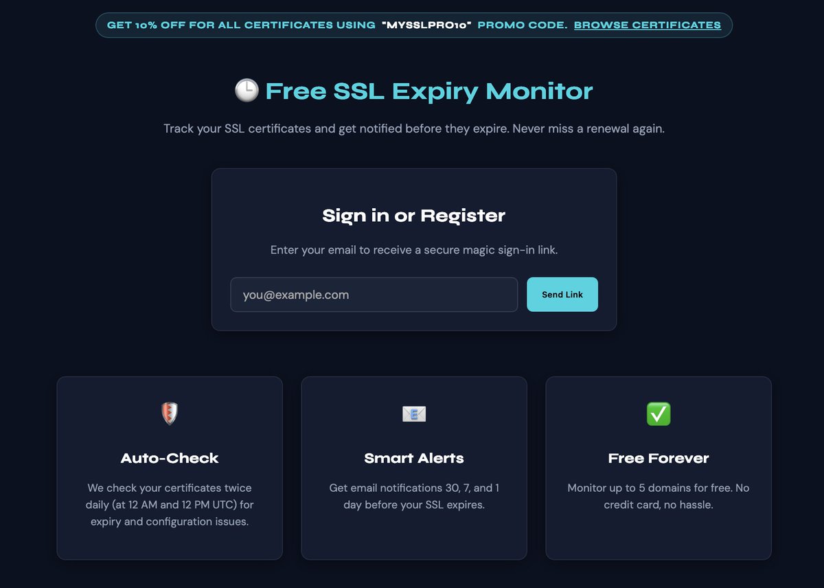MySSLPro's tweet image. Your SSL certificate is expiring and you don't know it 👀
Just launched SSL Expiry Monitor — add your domain, get alerts at 30/14/7/1 days before expiry. Free, no password needed.

🔗 mysslpro.com/tools/ssl-expi…

#SSL #WebDev #SysAdmin #DevOps #WebSecurity