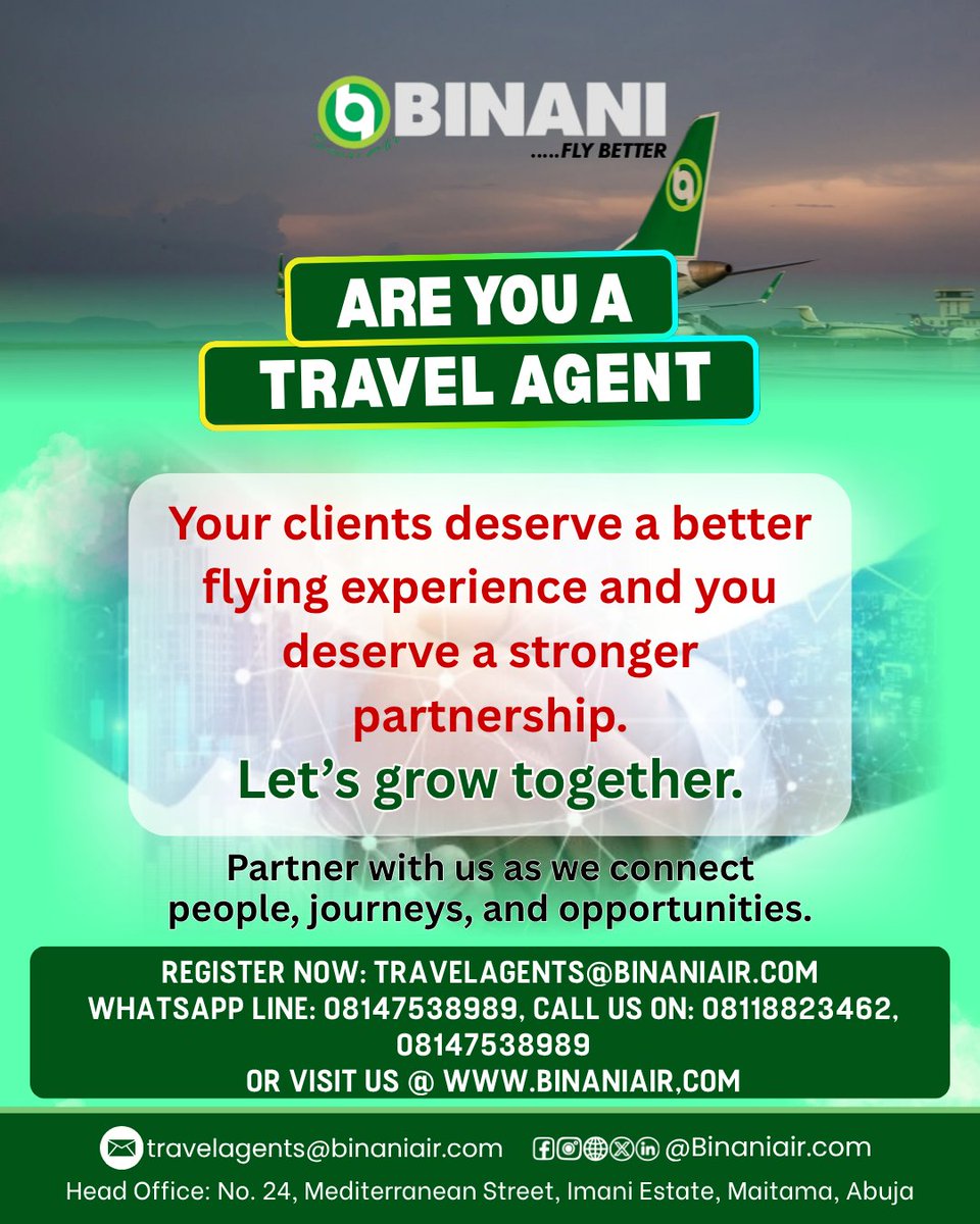 BinaniAir's tweet image. Calling all travel agents!
At BINANI AIR, we are inviting travel agents to partner with us as we prepare for an exciting new journey in aviation.
If you are a TRAVEL AGENT, BINANI AIR wants to work with you.
Partner with us today.
#TravelAgents #AviationIndustry #BInaniAir.