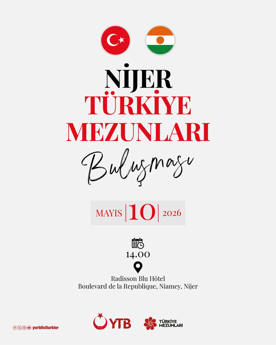 aenitniger's tweet photo. #Nijer Türkiye Mezunları Buluşması

🗓️10 Mayıs 2026
⏰ 14.00
📍Radisson Blu Hotel
 Boulevard de la Republique, Niamey, Nijer

Katılım için 8 Mayıs tarihine kadar kayıt formunu doldurabilirsiniz.
https://t.co/3wx8relFb1 https://t.co/tP9eEqjJOk