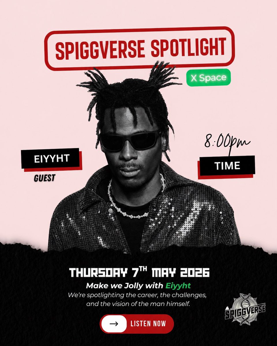 SpiggVerse's tweet photo. ๐จ SPIGGVERSE SPOTLIGHT ๐จ
We outside this Thursday with Eiyyht ๐ฅ
๐ Thursday, May 7th
โฐ 8:00PM
๐ X Space
Tap into the story behind the sound - the journey, the challenges and the vision.
Set reminder. Donโt miss it.
#SpiggVerse #SpiggVerseSpotlight #Eiyyht #XSpace #MusicTalk