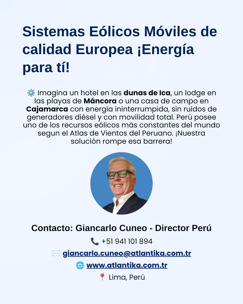 AtlantikaGlobal's tweet photo. 🌬️ Energía para Perú_ Con su gran potencial eólico, surge una oportunidad para transformar este potencial en un motor de desarrollo económico sostenible. ¿Imagina un turismo de cero emisiones impulsado por el viento? Ver mas👇️

#EnergíaRenovable #TurismoVerde #Innovación 💡 https://t.co/oKWPqCgX0s