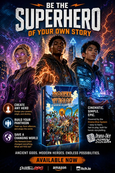 Relentlessbooks's tweet image. Modern Mythology: Be the superhero of your own story!   You can check out the Modern Mythology #ttrpg  here   PDF: drivethrurpg.com/en/product/499…    PRINT: amazon.com/dp/B0DKP26QNP #superttrpg #dungeonsanddragons #comics #wipwednesday #ttrpgcommunity #ttrpgrising