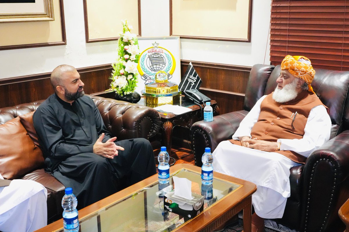 juipakofficial's tweet photo. Islamabad:Chief Minister of Balochistan Sarfaraz Bugti visited the residence of JUI chief Maulana Fazl-ur-Rehman.

During the meeting, the law and order situation in Balochistan and the overall political scenario were discussed.

Both sides agreed to resolve the recently emerging issues related to madaris through dialogue.

The Chief Minister of Balochistan will meet the provincial leadership of JUI in Quetta tomorrow.

Maulana Abdul Ghafoor Haideri, Maulana Salahuddin Ayubi, and Maulana Asjad Mahmood were also present at the meeting.