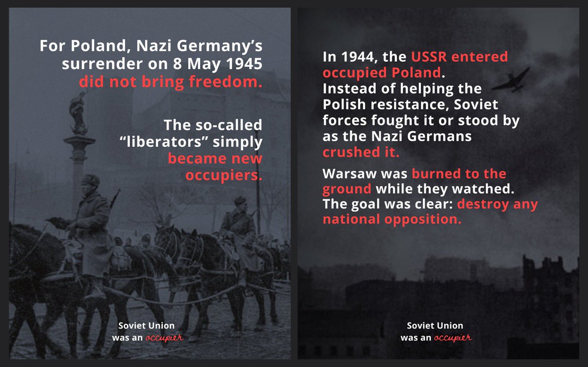 PLinNederland's tweet photo. In 1944 and 1945, the Soviet Army entered Poland and used military force to crush the efforts of Polish citizens to restore their state. The Soviet propaganda machine tried to normalise the occupation by calling it liberation. The Soviet Union didn't have its own Nuremberg. https://t.co/6zeSMD0P07