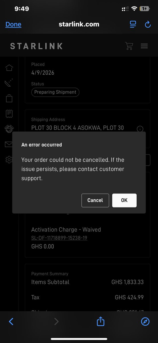 nanaQuophysei's tweet photo. @Starlink It’s not affordable and you have started scamming us.. it’s not fair… Everyone Judge this.. Why cut my Internet when my subscription is not due.. you cut my line over an order I’ve tried severally to cancel which is not going through.. @elonmusk solve this issues https://t.co/mhtFy3lbod