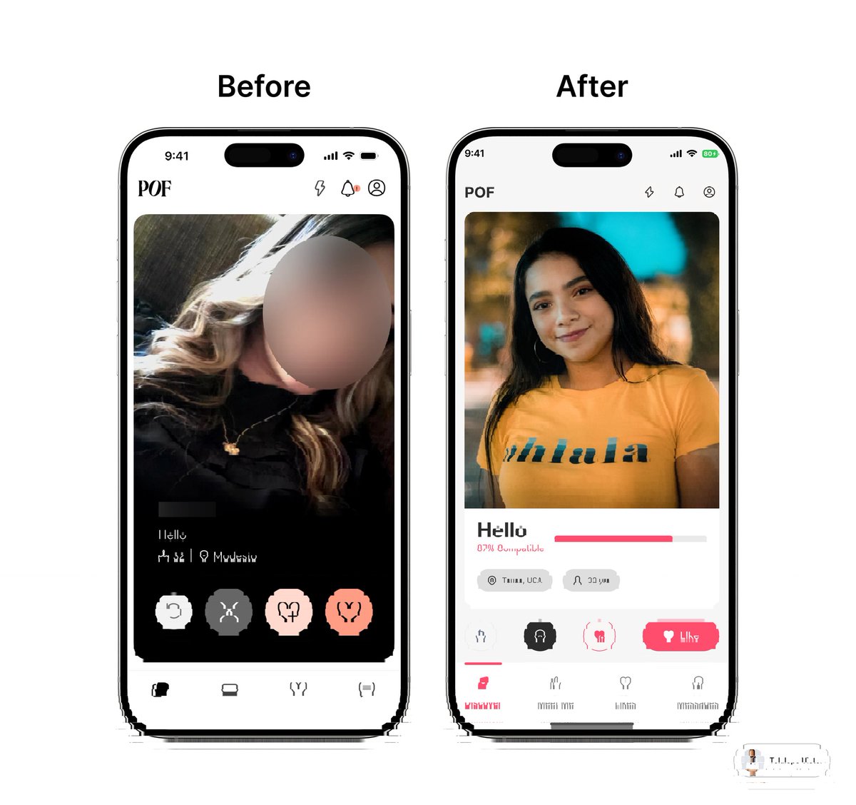 TfashUXdesign's tweet photo. POF (Plenty of Fish) Dating App Discover page 

Before and After 

UI Designed in Figma 

Tell me in the comment which one has better UX 🤔 

#uiux #uxdesign #figma #productdesign https://t.co/ToDwbMpdlK