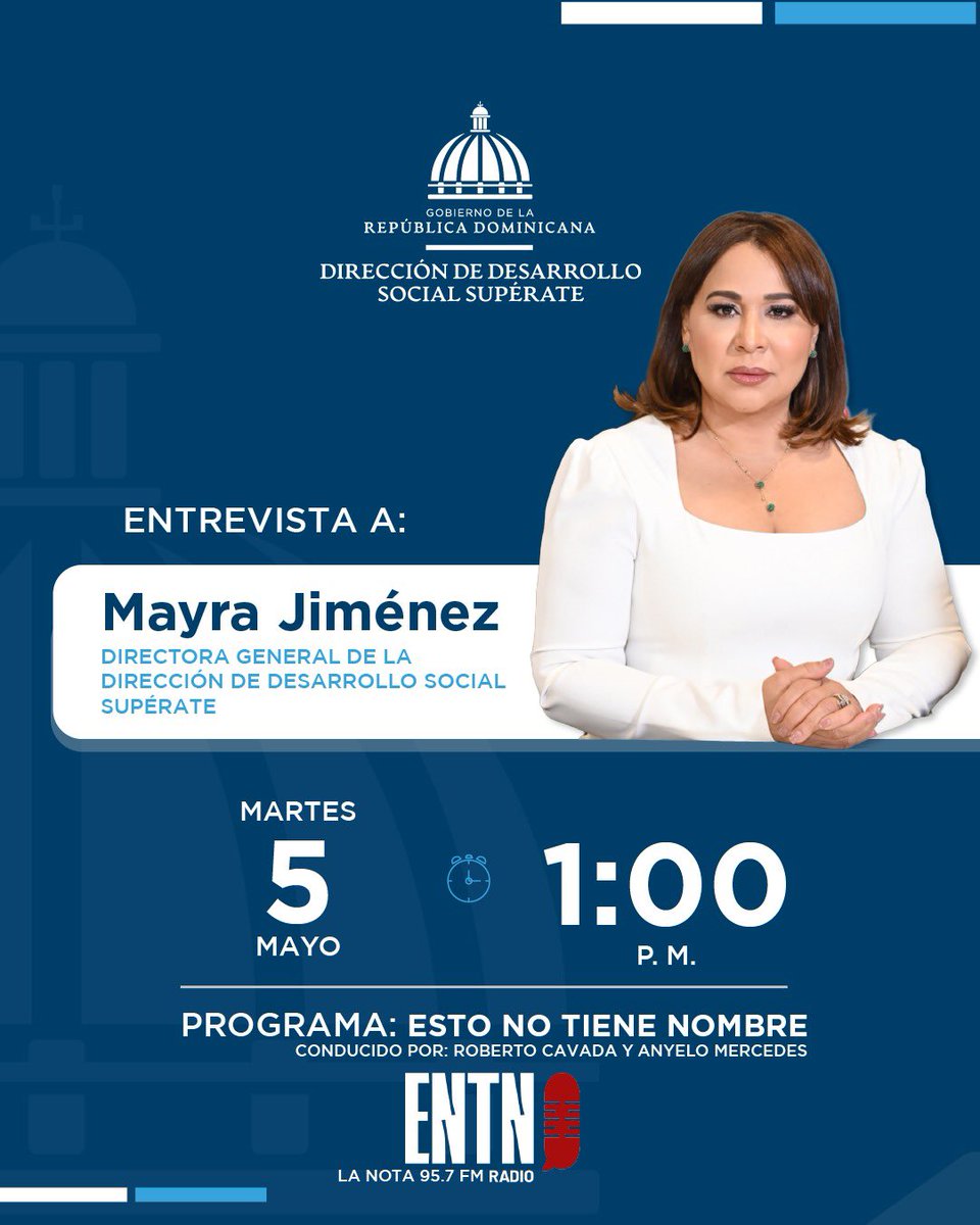 La directora general de la Dirección de Desarrollo Social Supérate (@superaterdo), @mayrajimeneztfj, participará en el programa Esto No Tiene Nombre (@entnradiors), junto a <a href="/rcavada/">RCNoticias</a> y <a href="/anyelojmercedes/">Anyelo Mercedes</a>, con quienes compartirá sobre las acciones y avances en materia de protección