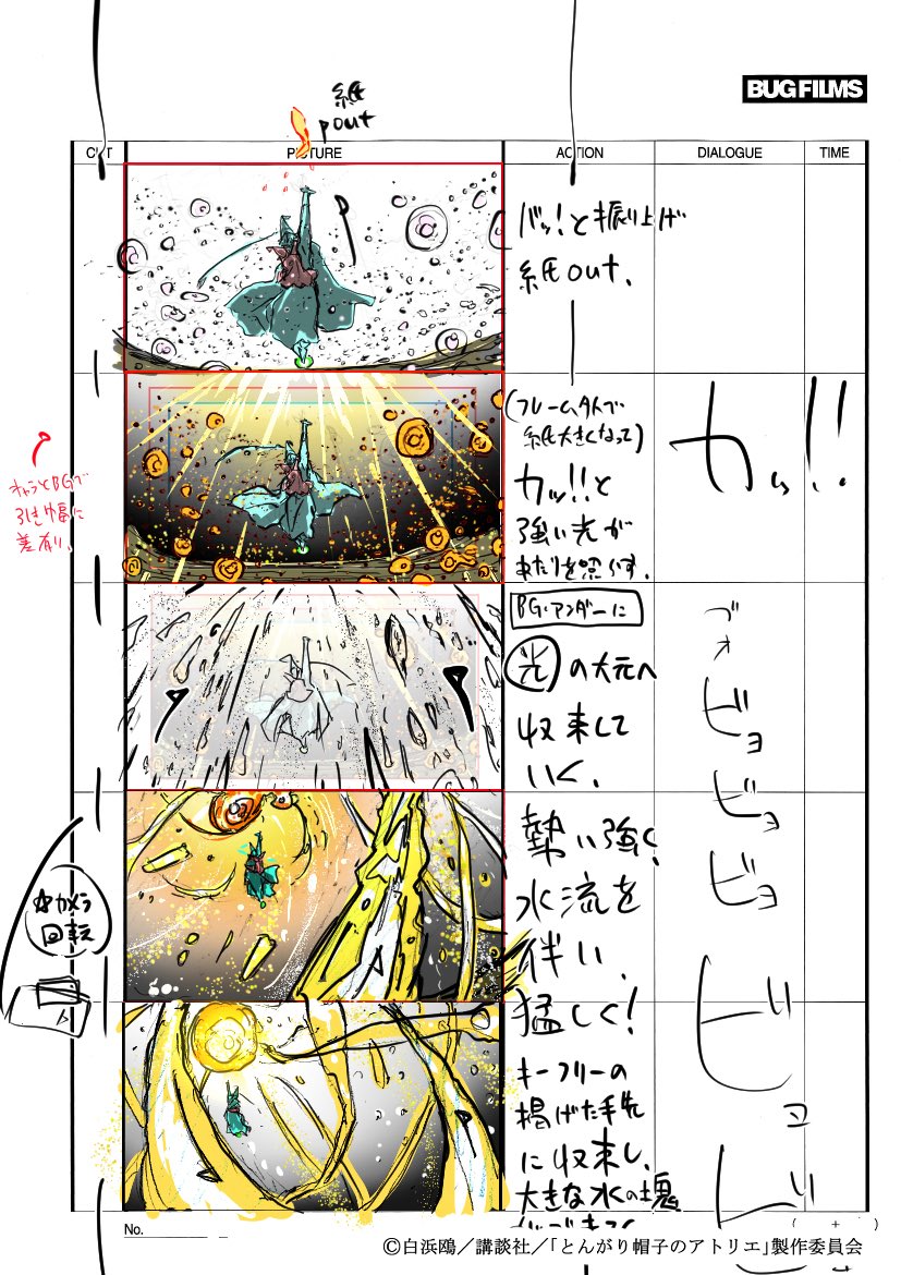 雲を水に変換するシーンが音楽演出的にも作画的にも凄く気に入っているのですが、ここの担当アニメーターは野村治嘉さん(<a href="/nomura_haruyosi/">野村治嘉</a>)で、このシーンの他にもドラゴンが雲のクッションでダメになるシーンもやって下さってます。いつもその話数の心臓になるシーンを担当して下さるスーパーアニメー
