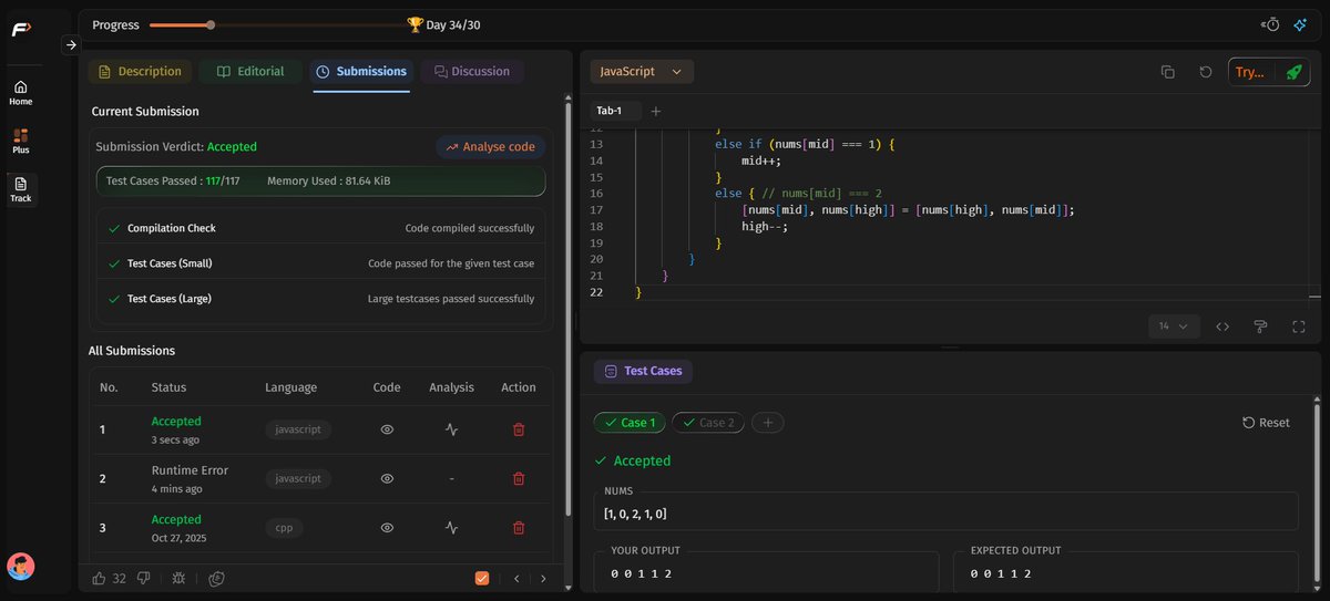 Rohank_3's tweet image. Day 74 progress 💻

DSA-focused day

solved:
- Shortest Path with Alternating Colors
- Sort 0’s, 1’s and 2’s

keeping the streak alive 🚀

#LearningInPublic #dsa #javascript
