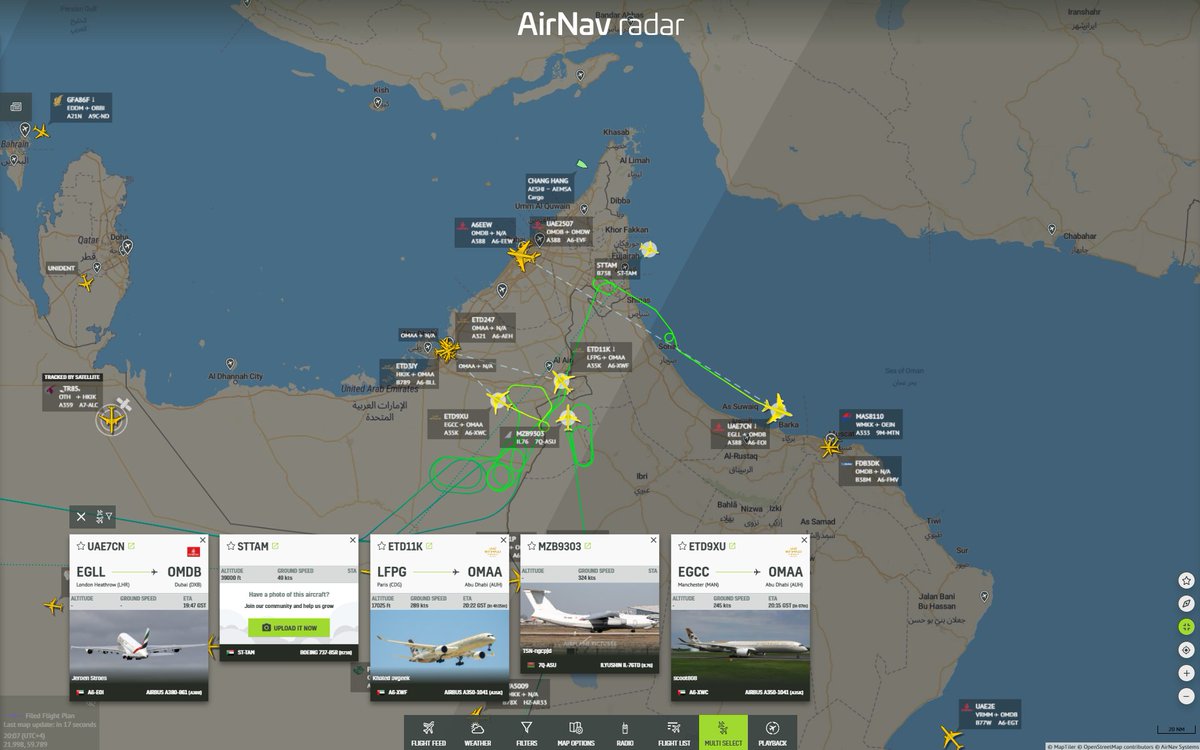 airwaysmagazine's tweet image. 🔴  Flights bound for Dubai and Abu Dhabi are currently holding, being delayed, or being diverted to Muscat following reports of multiple explosions in the region. #Airways #News