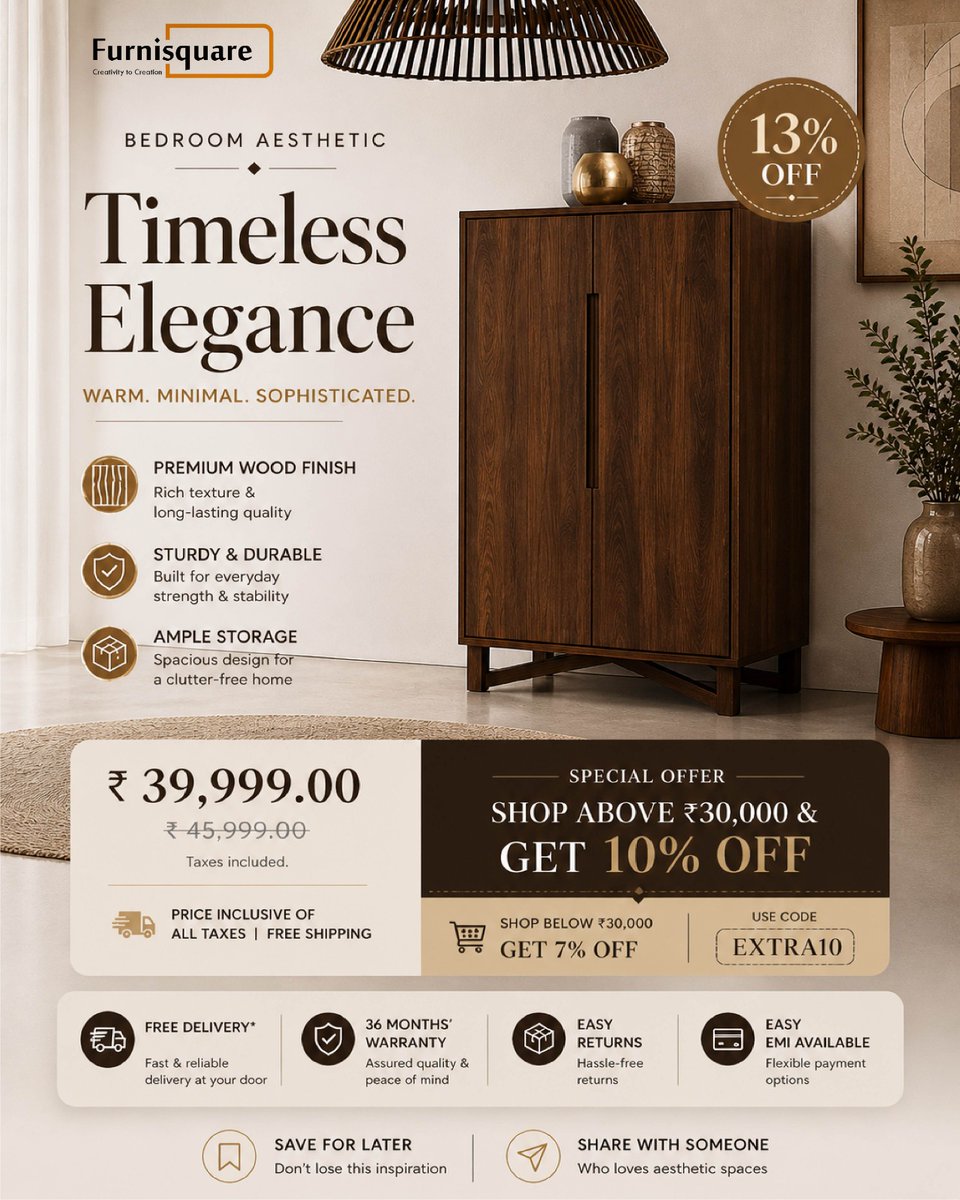 furnisquare's tweet image. Timeless design. Premium quality.

Now at ₹39,999 with 13% OFF + extra 10% savings.
Free delivery &amp;amp; 36 months warranty.
Upgrade your bedroom today.
#FurnitureDesign #HomeDecorIndia #BedroomInspo #ModernFurniture