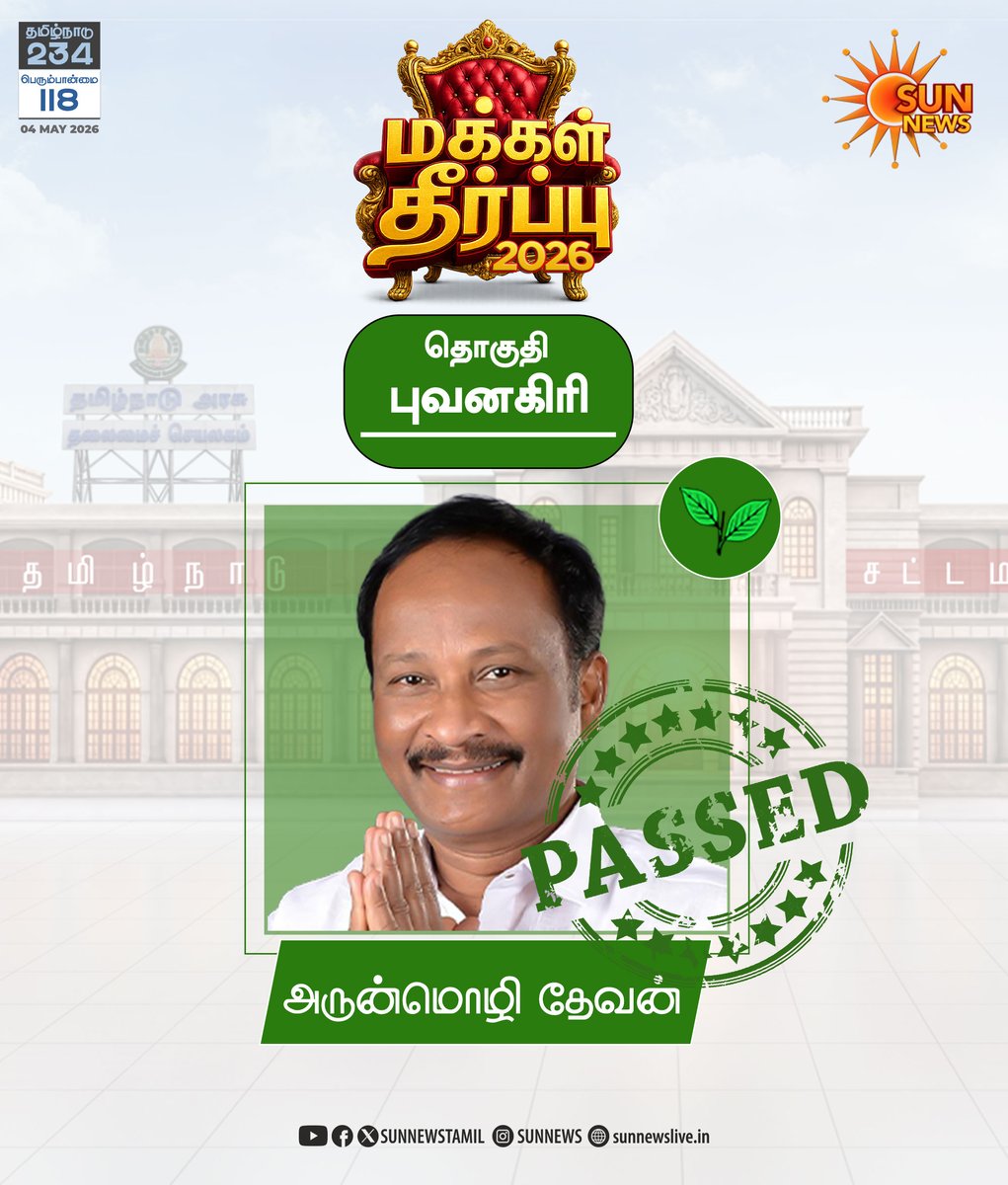 sunnewstamil's tweet image. #மக்கள்தீர்ப்பு | கடலூர் மாவட்டம் புவனகிரி தொகுதி அதிமுக வேட்பாளர் அருன்மொழி தேவன் வெற்றி

#SunNews | #TNElectionWithSunNews | #ElectionResults2026