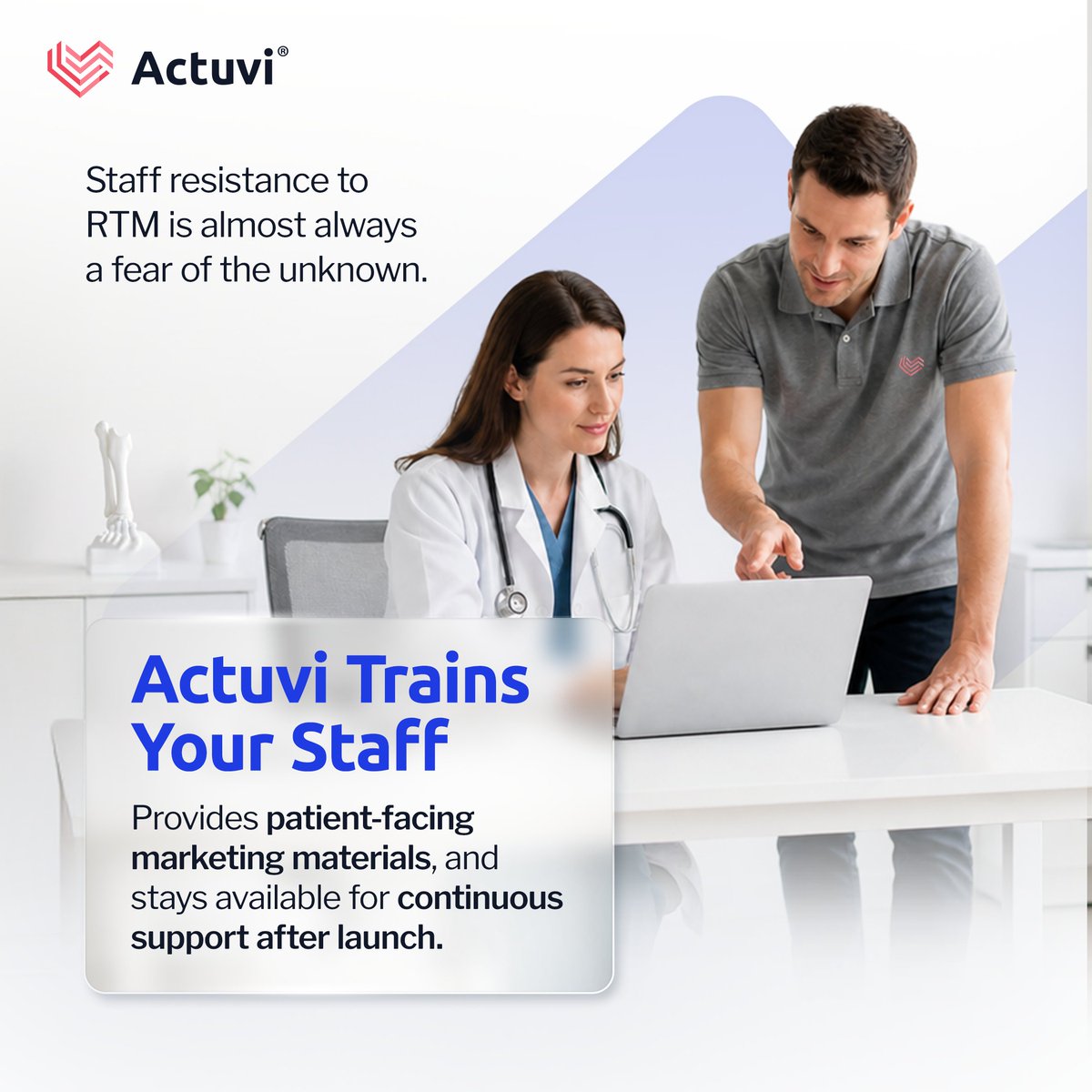 actuvi's tweet photo. When staff are asked to run an RTM program for the first time, it is normal for them to be a little hesitant. They do not know the billing codes, do not know what to say to patients, and do not know what happens if something goes wrong.

Actuvi's implementation team trains every staff member, on how to introduce the program to the patients, and how to onboard them. We provide patient-facing marketing materials and stay available for continuous support after launch.

Actuvi's platform automatically tracks all the time staff spend monitoring patients, and billing reports are ready to download with one click with assigned CPT codes. When CMS updates the RTM codes, Actuvi updates the platform so the clinic does not have to reconfigure anything and staff do not have to worry about it.

By the time a clinic launches with Actuvi, every staff member knows their role, knows the workflow, and knows what to do when something comes up.

Contact our RTM expert to launch your RTM program → https://t.co/upmTyoDslZ.