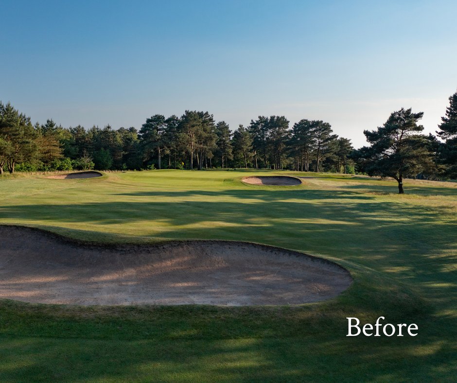 BeauDesertGolf's tweet photo. Over winter, Luke and his team restored several bunkers that had gradually lost their shape and depth.

The fairway bunker on 2 is a standout example, now restored to its proper form and back in keeping with our classic Herbert Fowler heathland design. https://t.co/dPH1G44iqJ