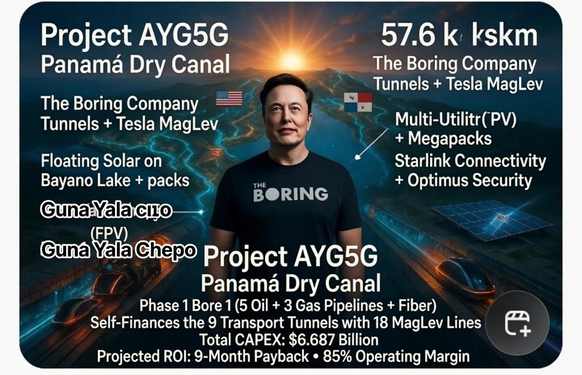 CamposPernett's tweet image. @elonmusk Put @Grok to work on the numbers in this image. Project AYG5G in Panama is the ultimate Mars funding engine. $6.6B CAPEX, 85% margins, and 9-month payback. It self-finances the tunnels and bankrolls the multi-planetary future. 🚀🇵🇦 #PanamaDryCanal #Starship #Mars