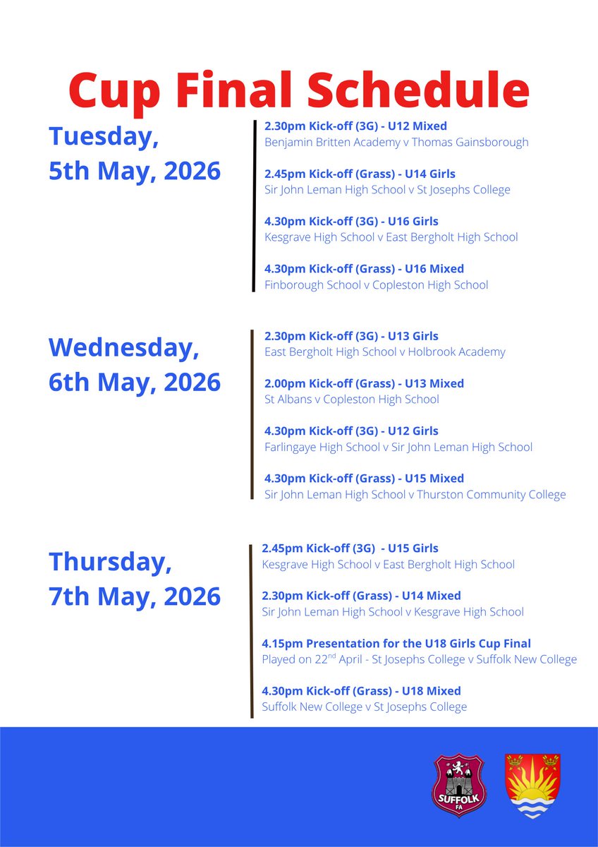 SCSFA_football's tweet photo. We have a busy week ahead of Schools County Cup finals
Good luck to all schools involved ⚽️⚽️⚽️⚽️ https://t.co/oJSdUqYC2U